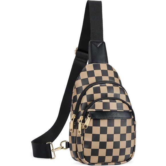 Women Checkered Coffee Imported Leather Small Crossbody Chest Sling Travel Bag - Picture 1 of 8